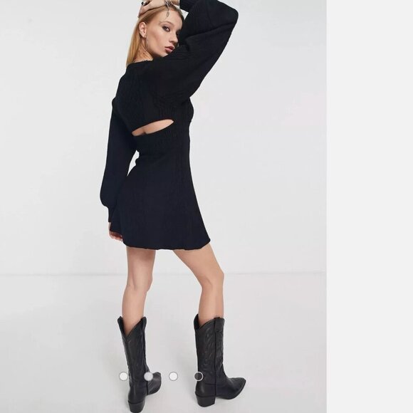 NWT Free People Emmaline Black Balloon Sleeve Knit Sweater Mini Dress Size Large - Picture 4 of 9